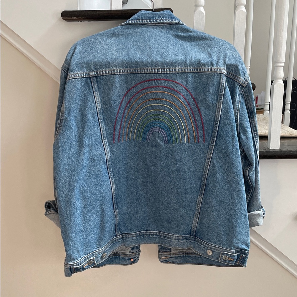 Old Navy Light Blue Denim Jacket with Rainbow Embroidery